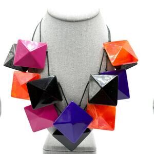 Vintage Colorful Lucite Multistrand Layered Statement Necklace with Square Beads